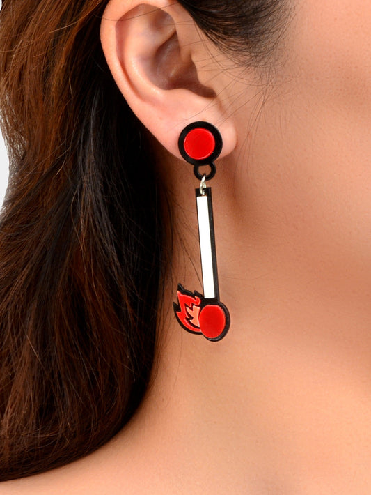 Asymmetrical Personality Accessories Red Acrylic Match Pendant Pierced Earrings-1