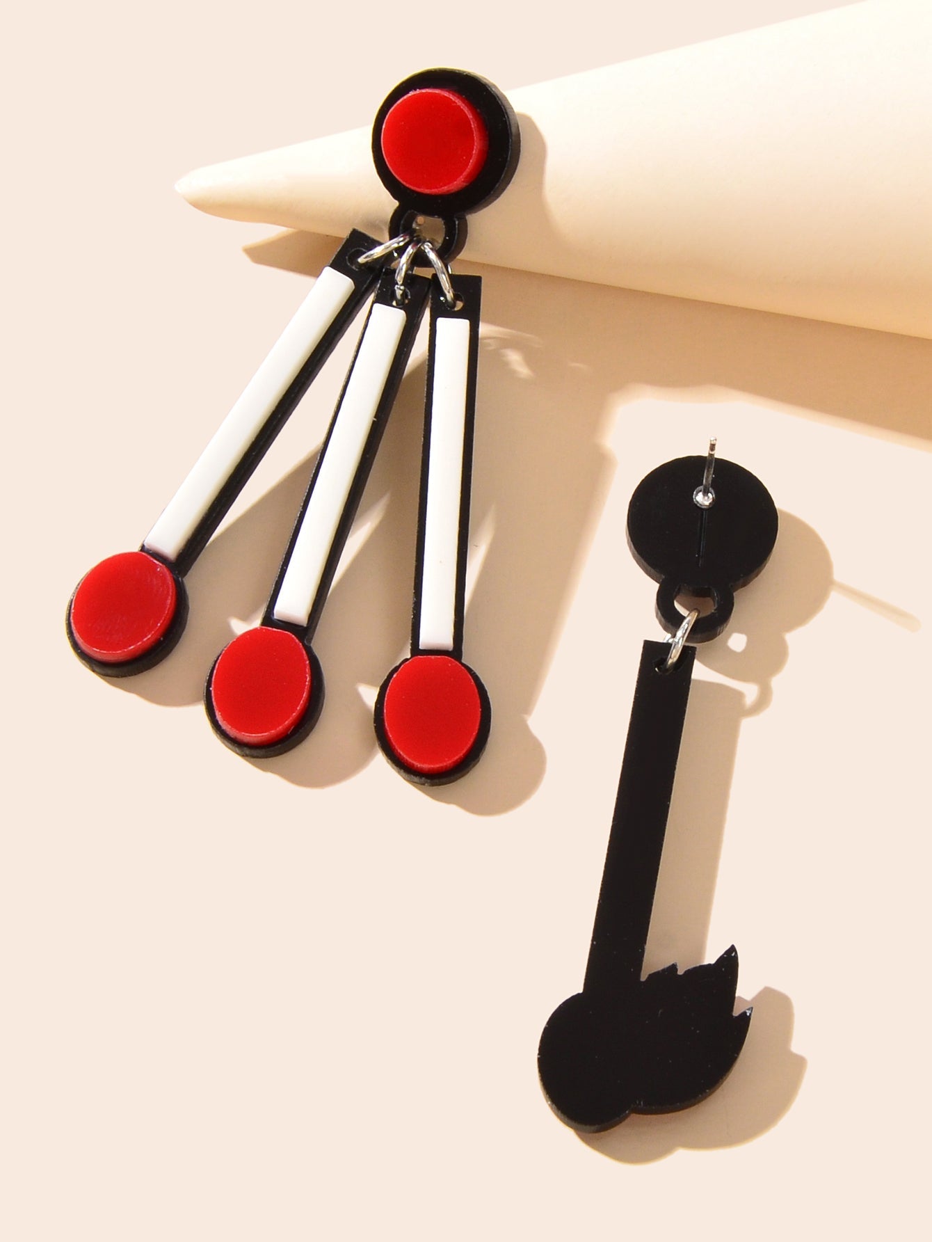 Asymmetrical Personality Accessories Red Acrylic Match Pendant Pierced Earrings-2