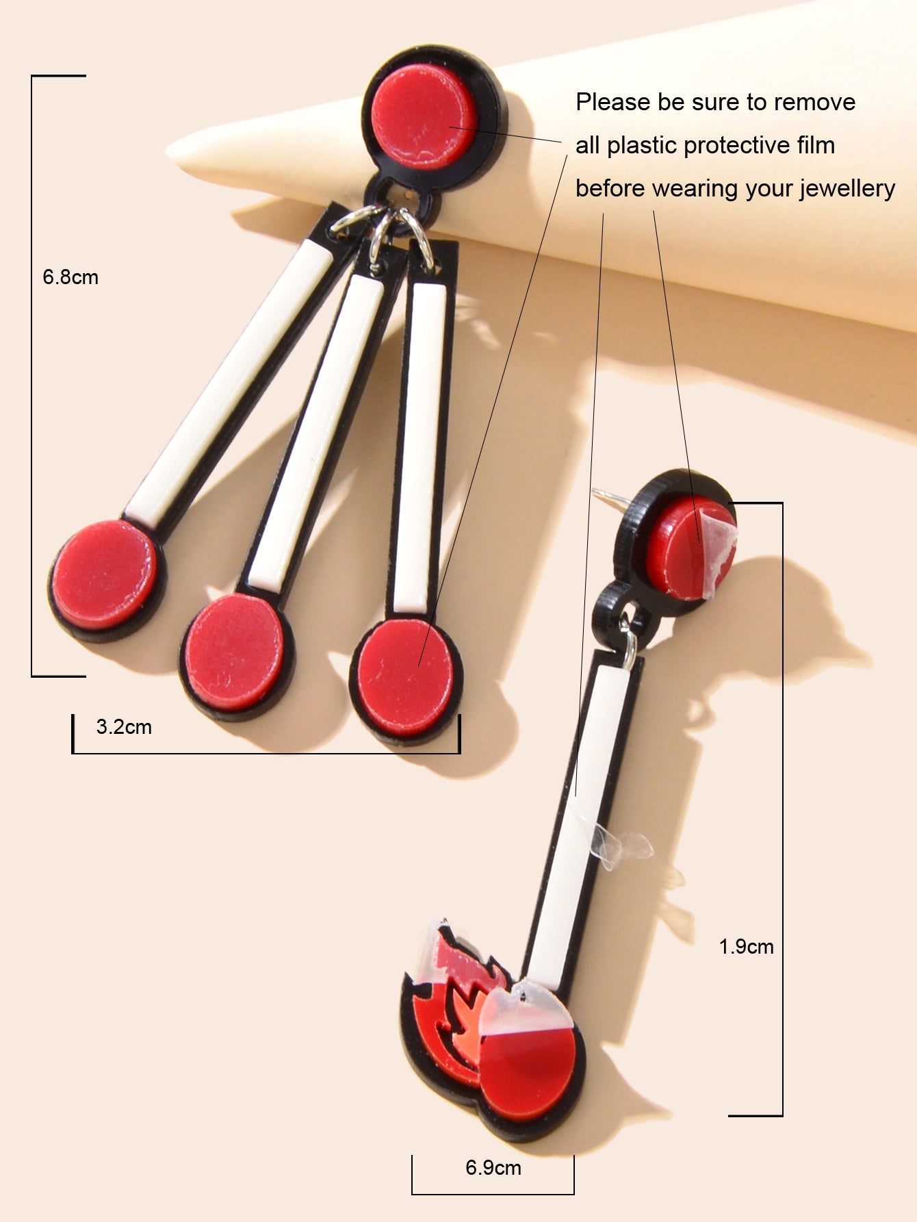 Asymmetrical Personality Accessories Red Acrylic Match Pendant Pierced Earrings-3