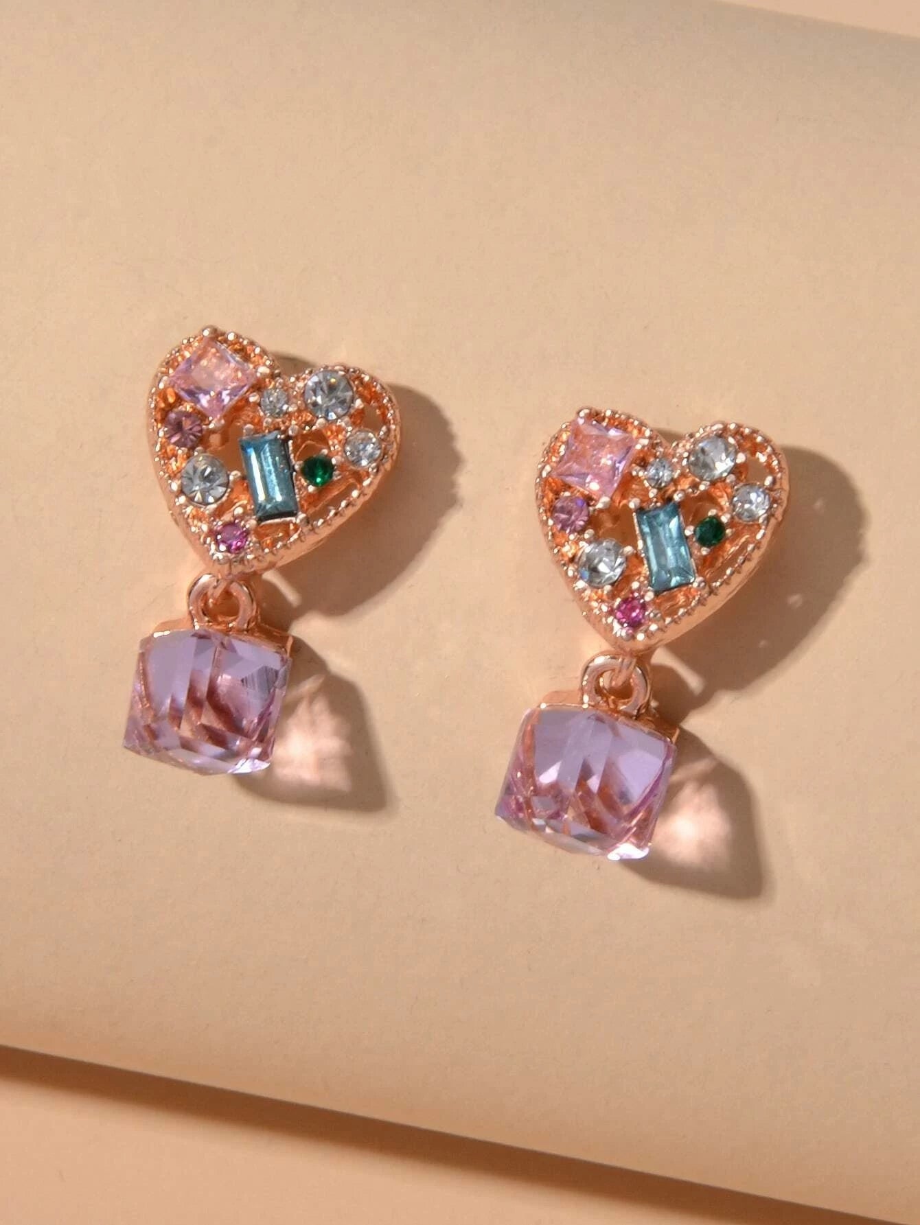 Sweet Textured Shining Crystal Decor Pink Heart Drop Earrings Women Girls Gifts