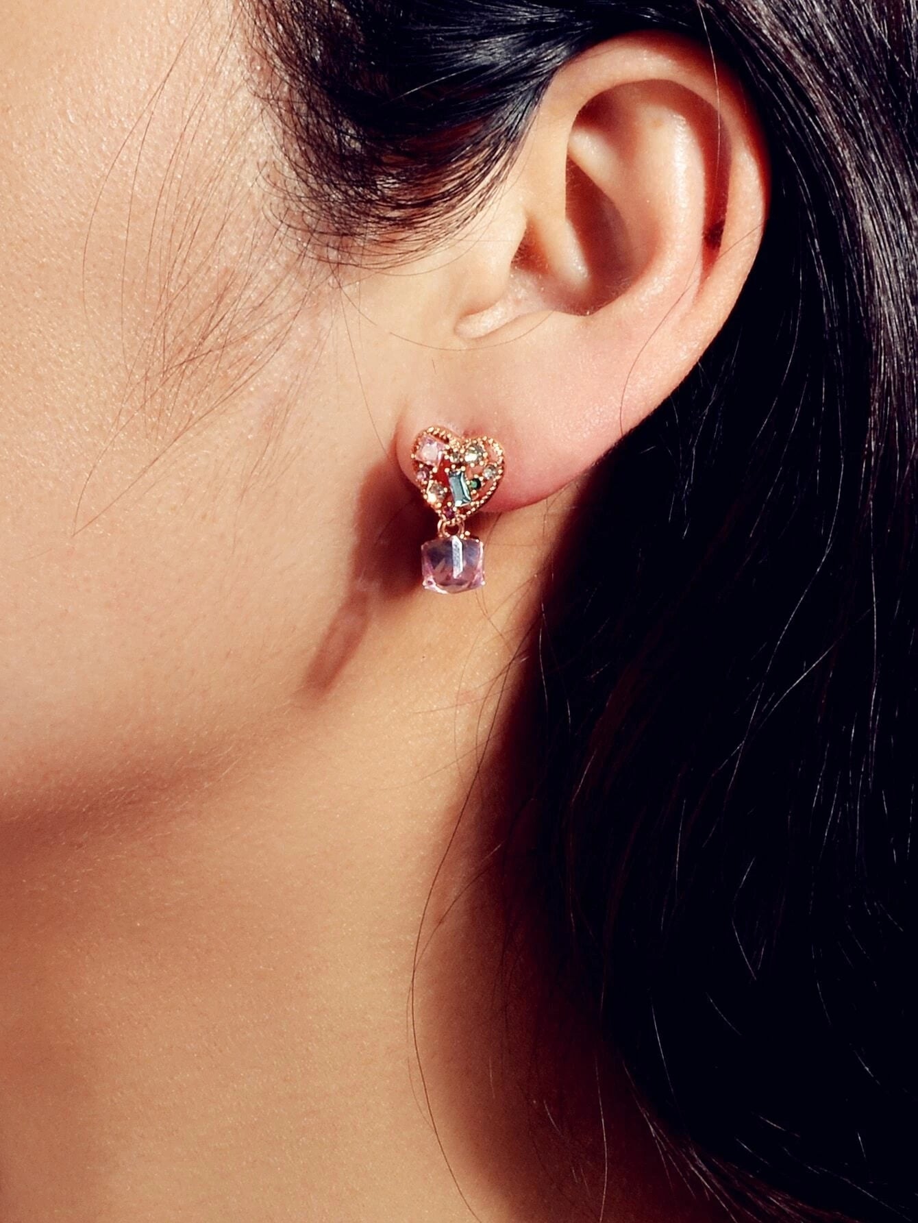 Sweet Textured Shining Crystal Decor Pink Heart Drop Earrings Women Girls Gifts