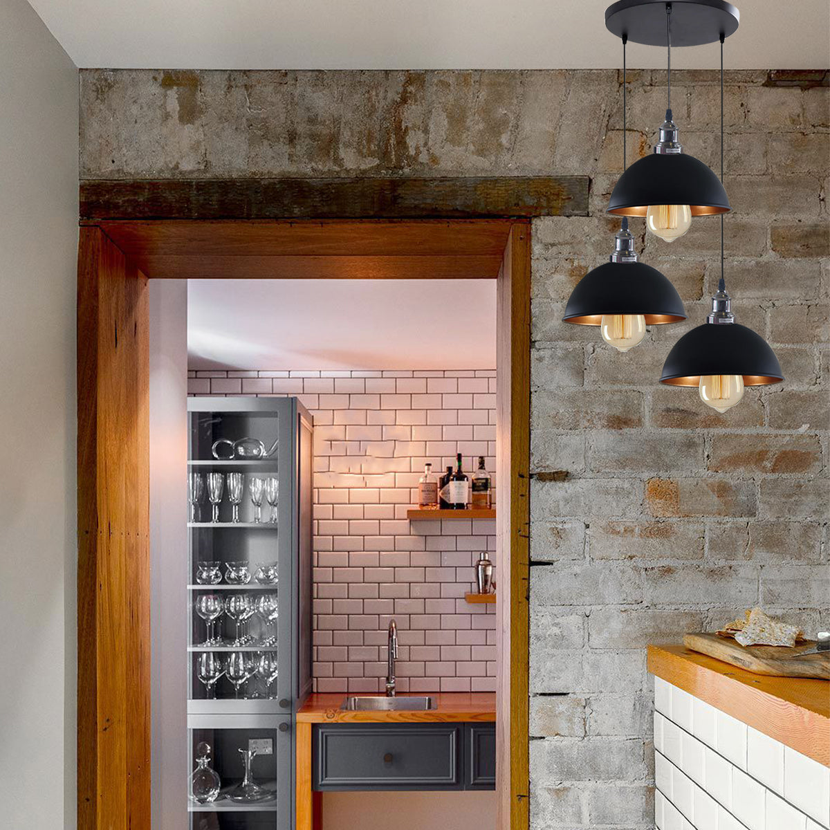 Black 3 Head Vintage Adjustable Hanging Ceiling Pendant Light E27~1597-4