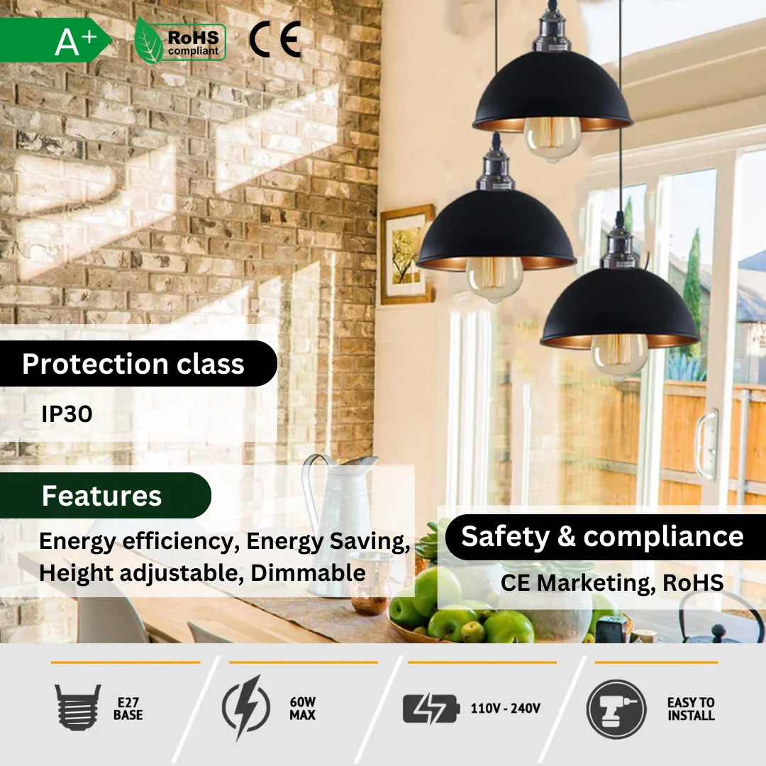 Black 3 Head Vintage Adjustable Hanging Ceiling Pendant Light E27~1597-2