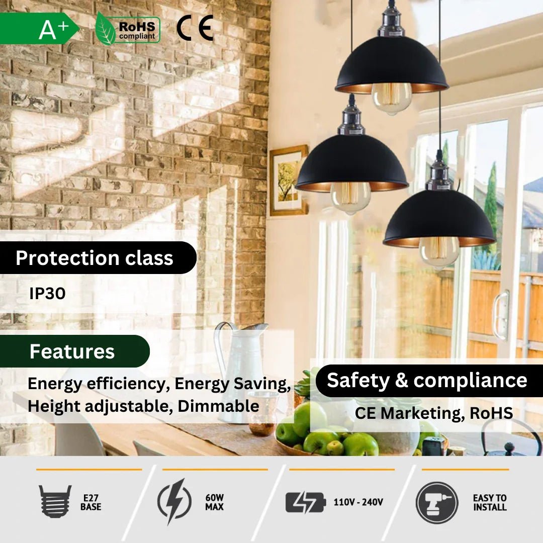 Black 3 Head Vintage Adjustable Hanging Ceiling Pendant Light E27~1597