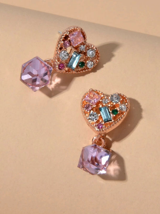 Sweet Textured Shining Crystal Decor Pink Heart Drop Earrings Women Girls Gifts