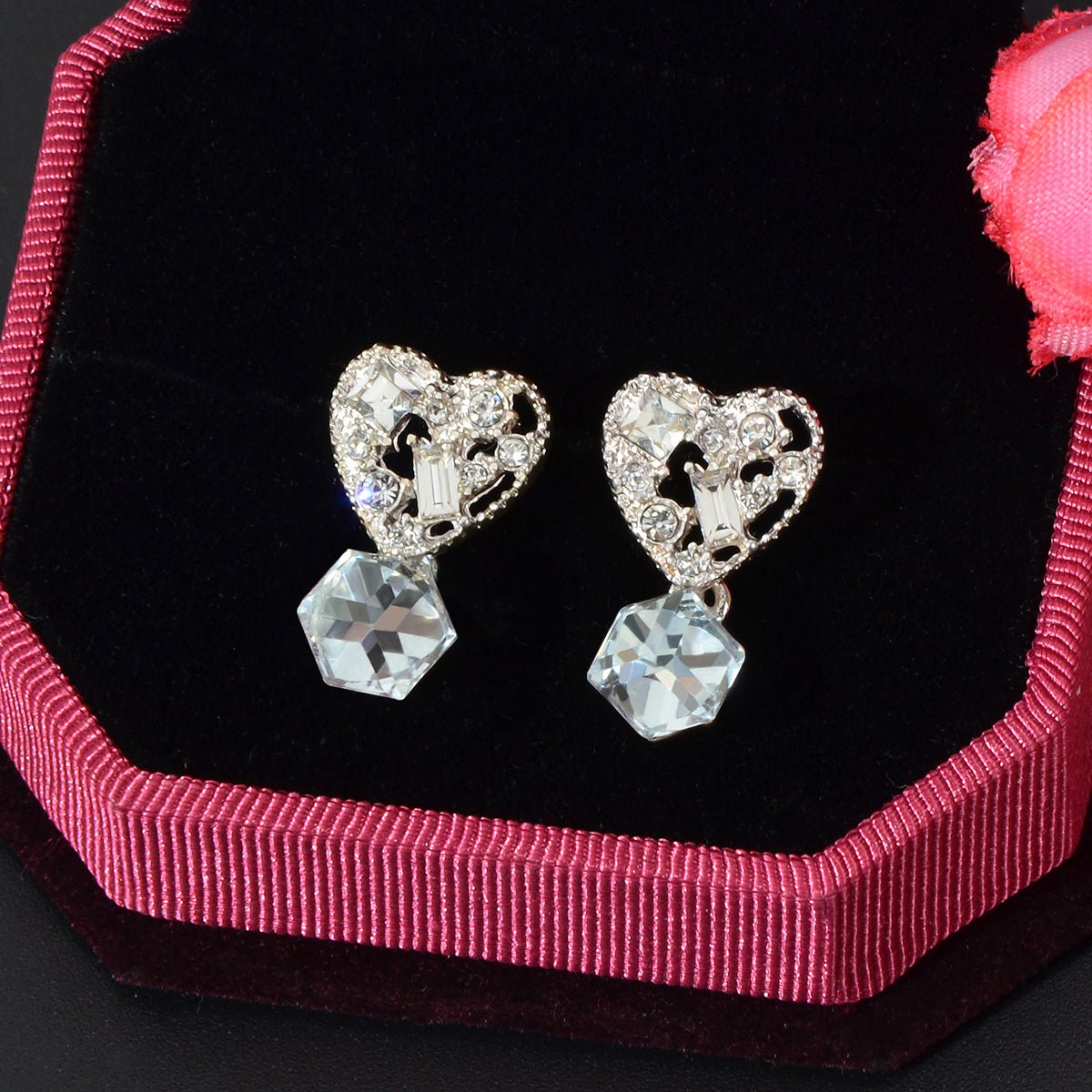 Sweet Textured Shining Crystal Decor Pink Heart Drop Earrings Women Girls Gifts